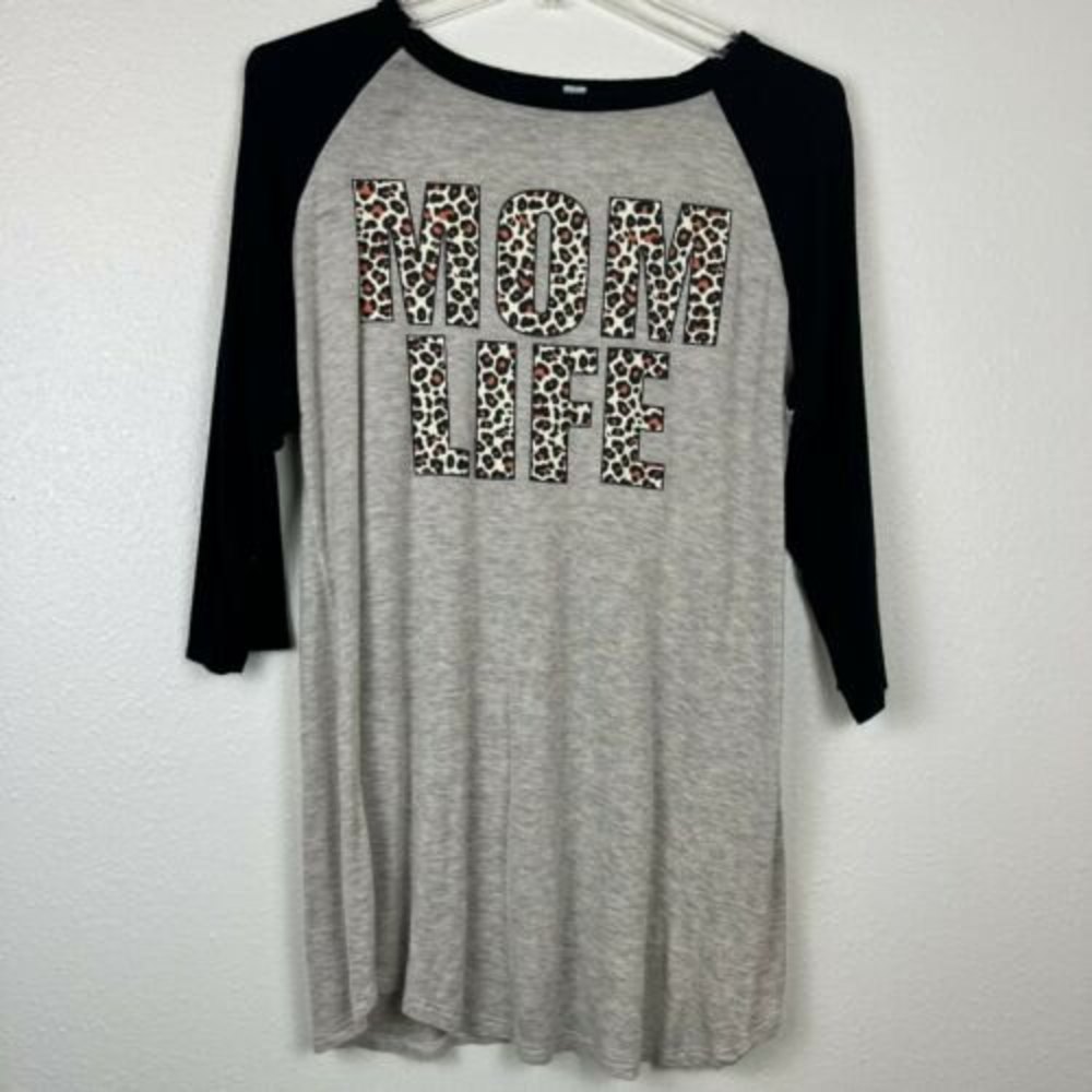 Grateful Hearts XL Mom Life Raglan Leopard Tee T-shirt Gray Black motherhood